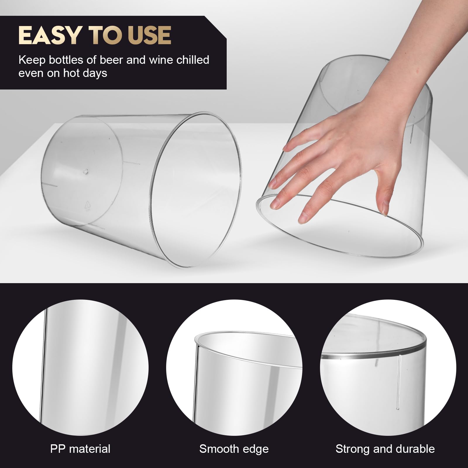 18 cubos de hielo de plástico para fiestas, enfriador de botellas de vino transparente de 5 litros con asas, tina redonda para bebidas con cuchara de hielo de plástico y pinzas de plástico para 3