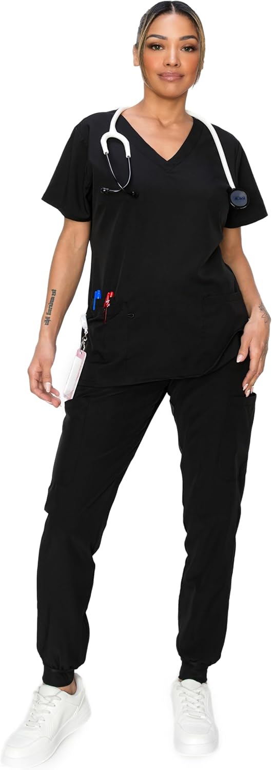 Minty Mint Women's Stretchy Scrub Sets V Neck Top Cargo Tapered Jogger Pants Black PM