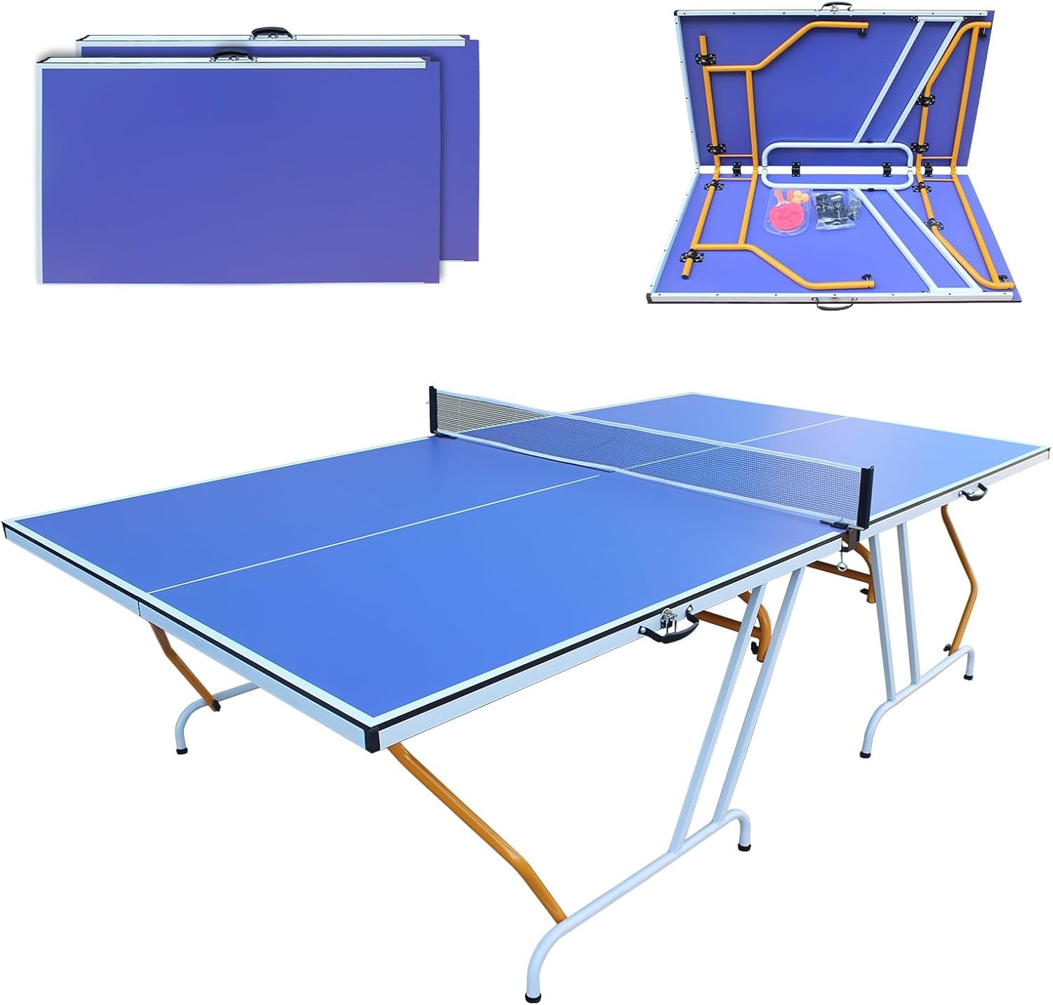 Professional Table Tennis Table, Foldable Ping Pong Game Set for Indoor, 8FT 9FT Single Player Playback Mode Ping Pong Table with Net and Post Set, 2 Paddles and 3 Balls (Blue & Yellow-9x5FT)