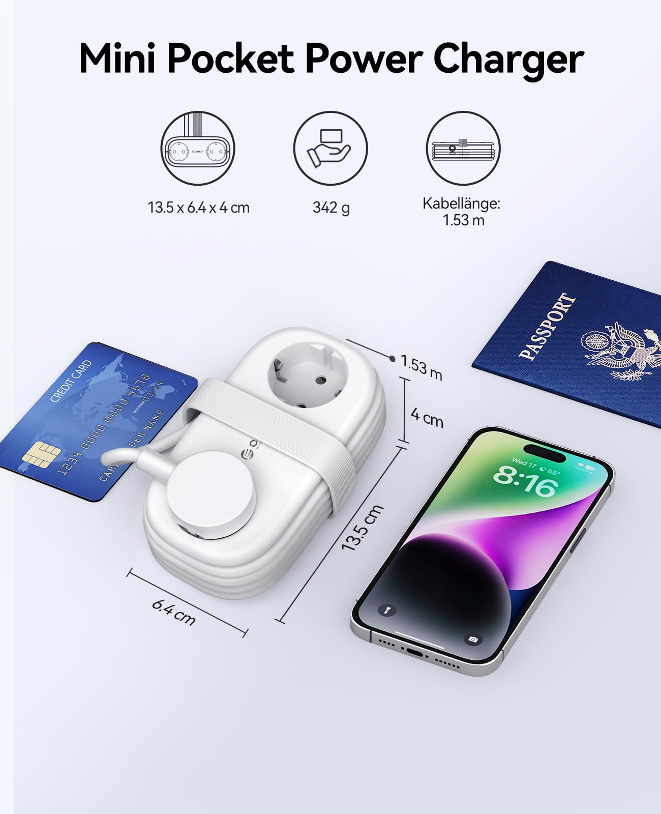 ORICO Steckdosenleiste mit USB C PD 20W, 2 Fächern Reise-Mehrfachsteckdose und 3 USB (1 USB C) Ladeanschlüssen Kompatibel mit Telefon, mit 1,5m Kabel für das Home Office auf dem Schiff (AP3-Weiß)