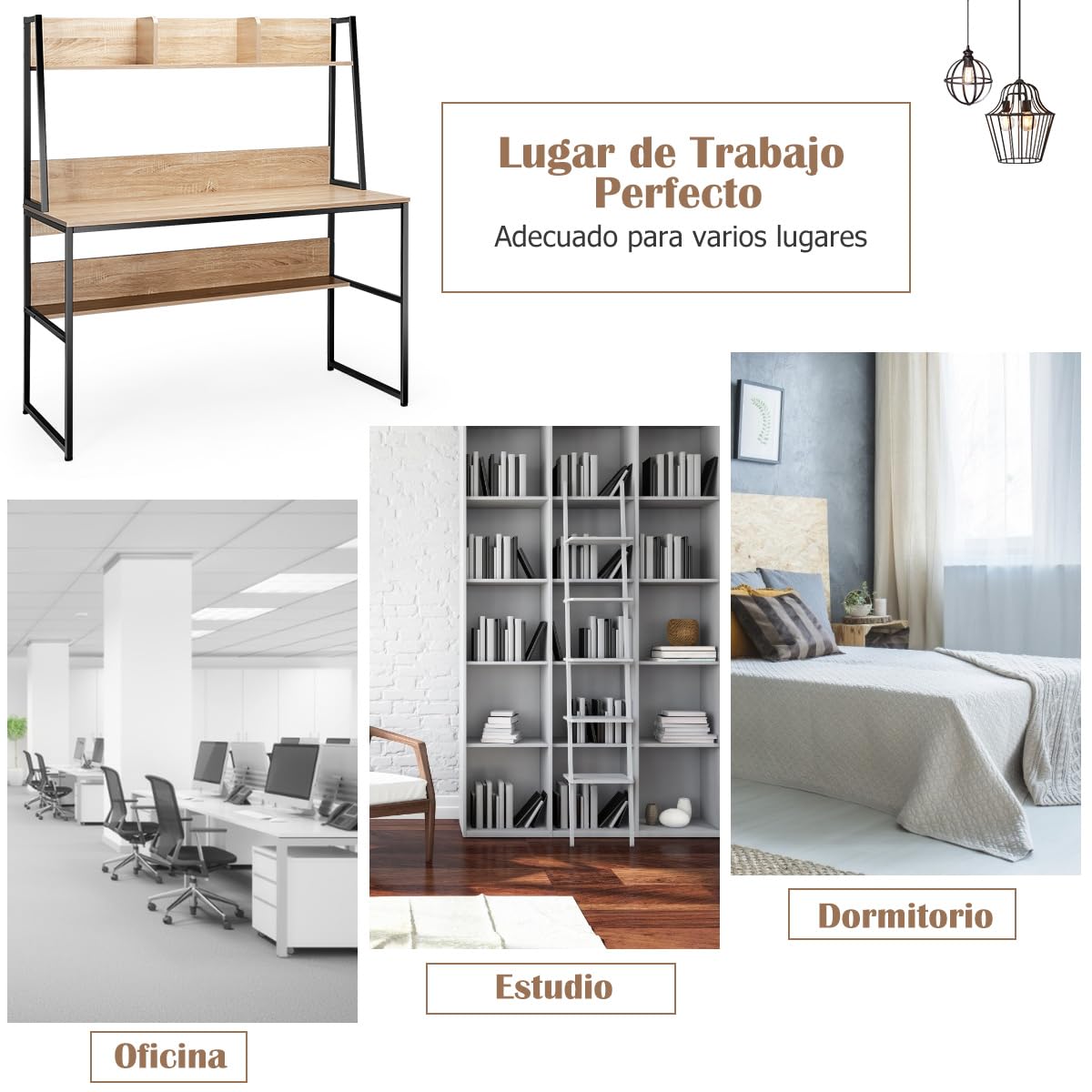 COSTWAY Escritorio para Computadora con Aparador y Estantería, Mesa de Estudio con 3 Cubos de Almacenamiento y Librería Abierta, Mesa Ordenador Que Ahorra Espacio (Natural)