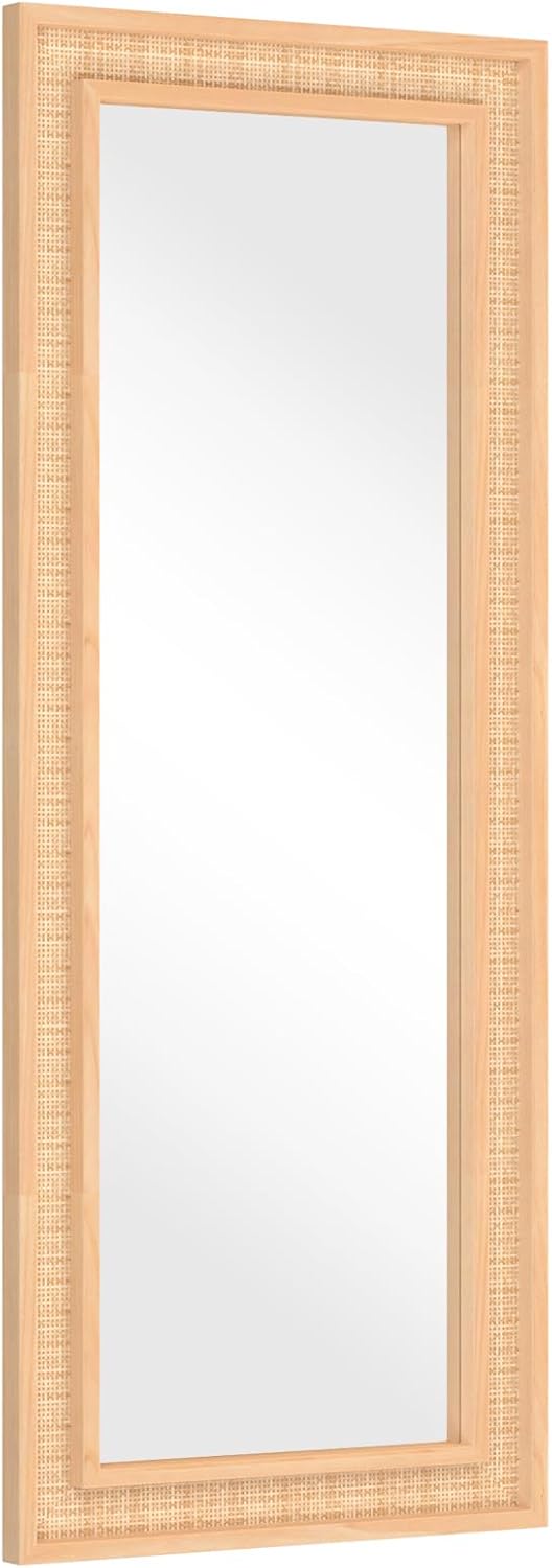 Rattan Full Length Mirror, 24 X 60 inch Wood Bathroom Vanity Mirror, Free Standing or Wall Mounted Full Body Mirror for Bedroom, Living Room, Dressing Room