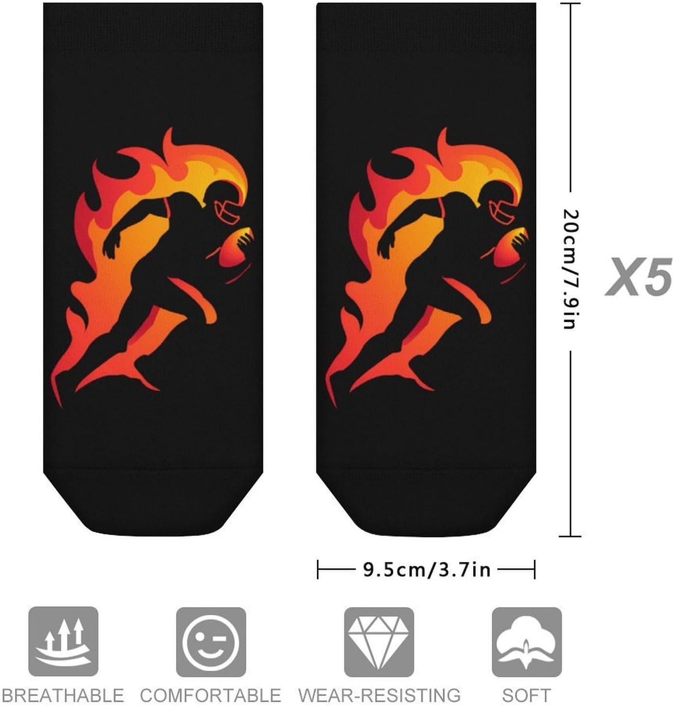 Flames Football Man Socks for Men Women 5 Pairs Ankle Socks