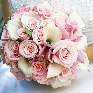 Bunches Direct Classic Beauty Bridal Bouquet Blush Pink Roses, White Mini Calla Finished with Pearl Pins 11 Inch Wide.