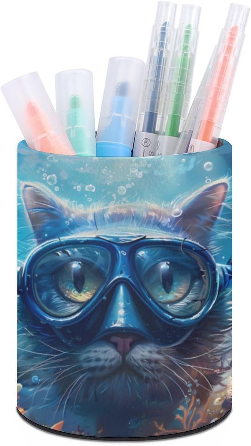 Scuba Diving Cat Pen Holder for Desk Pencil Cup Makeup Organizer Office Decor And Desks Accessories