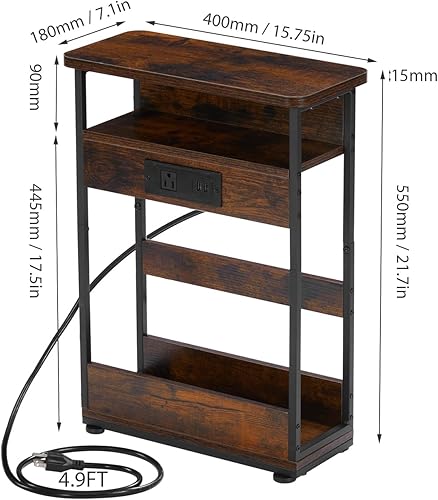 Miniatura 3 de Mesa auxiliar estrecha con estación de carga, mesa auxiliar de 3 niveles con 2 puertos USB y tomas de corriente, mesa auxiliar delgada para sofá