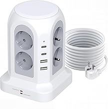 Vexloria Tower Power Strips Sockets, 8 in 1 Thief Multiple USB Sockets, USB Power Strip 4 AC Outlets and 4 USB Multiple Plug, with Switch for Table, Office, Home, Off-White