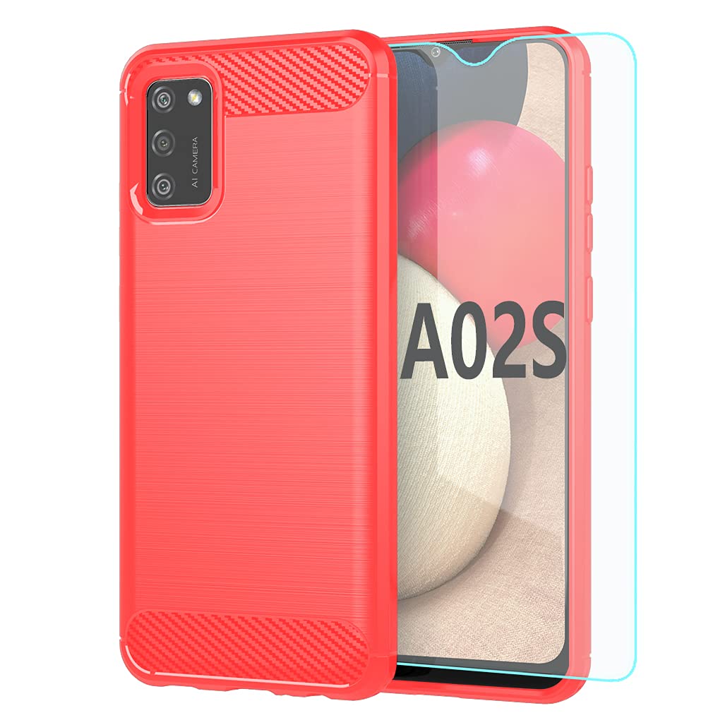 Samsung A02S Case,Galaxy A02S Case,with HD Screen Protector, Yuanming Shock-Absorption Flexible TPU Bumper Cove Soft Rubber Protective Case for Samsung Galaxy A02S (Red Brushed TPU)