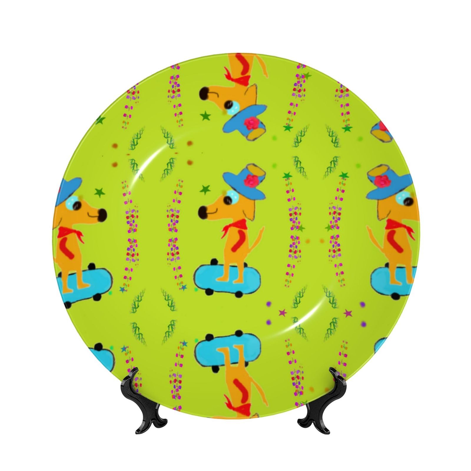 SXZVVBN Cartoon dog doing sports Bone China Decorative Plate Art with Stand Removable Adhesive Hanging for Home Office 7in