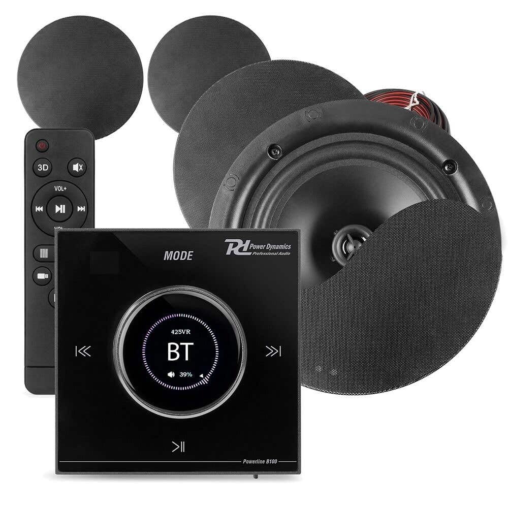 Power Dynamics B100B Kit Audio Encastrable BT avec Amplificateur Noir et Enceintes Plafond 4x25W - Noir