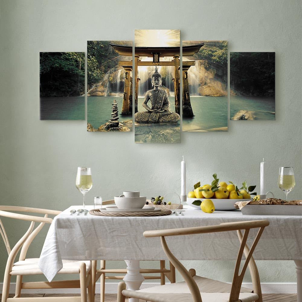 murando Cuadro en Lienzo Buda 200x100 cm Impresión de 5 Piezas Material Tejido no Tejido Impresión Artística Imagen Gráfica Decoracion de Pared Oriente Zen Cascada p-A-0033-b-n