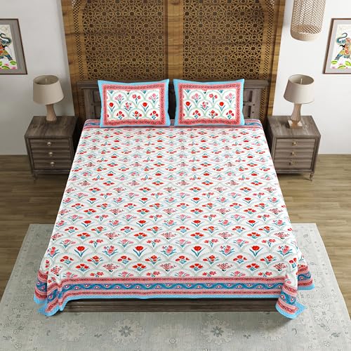 Image of BLOCKS OF INDIA Hand Block Printed 200 TC Cotton King Size Bedsheet (Pink Rose)