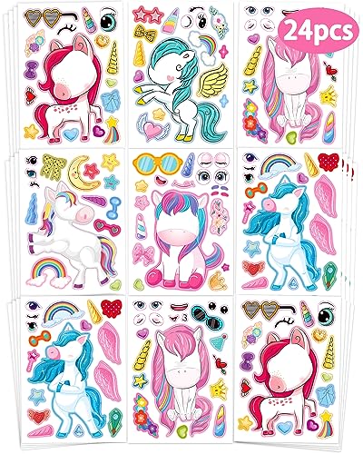 24 Pcs Make Your Own Unicorn Sticker Sheet, Unicorn Party Favors Face Stickers for Kids Girls Toddlers Crafts Activities Bags Birthday Party Favors Valentines Day Gifts for Kids Classroom
