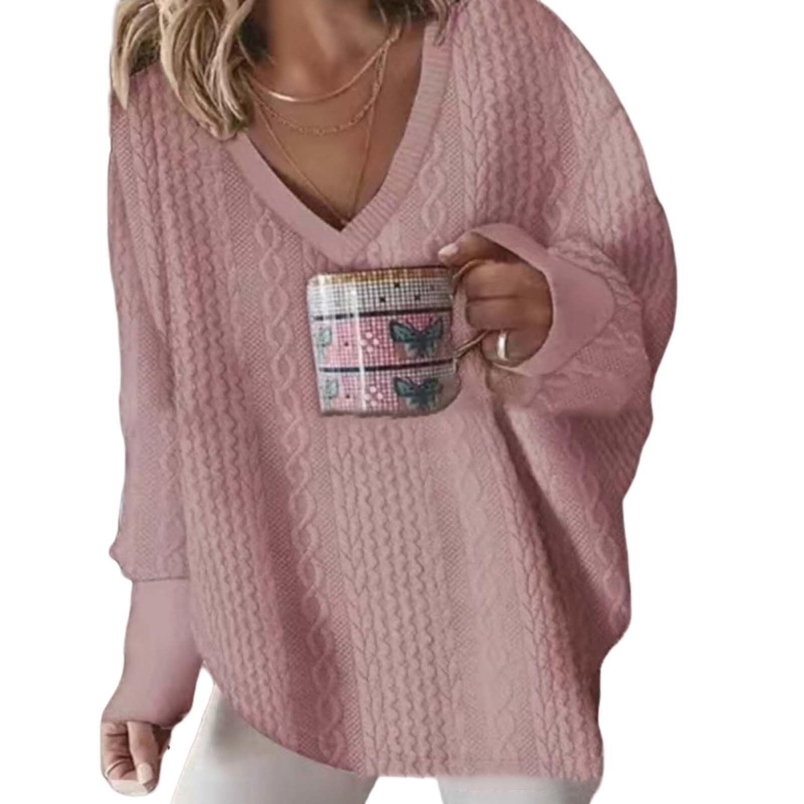 V Neck Cable Knit Pullover Sweatshirts for Women Casual Oversized Long Batwing Sleeve Loose Sweater Tops