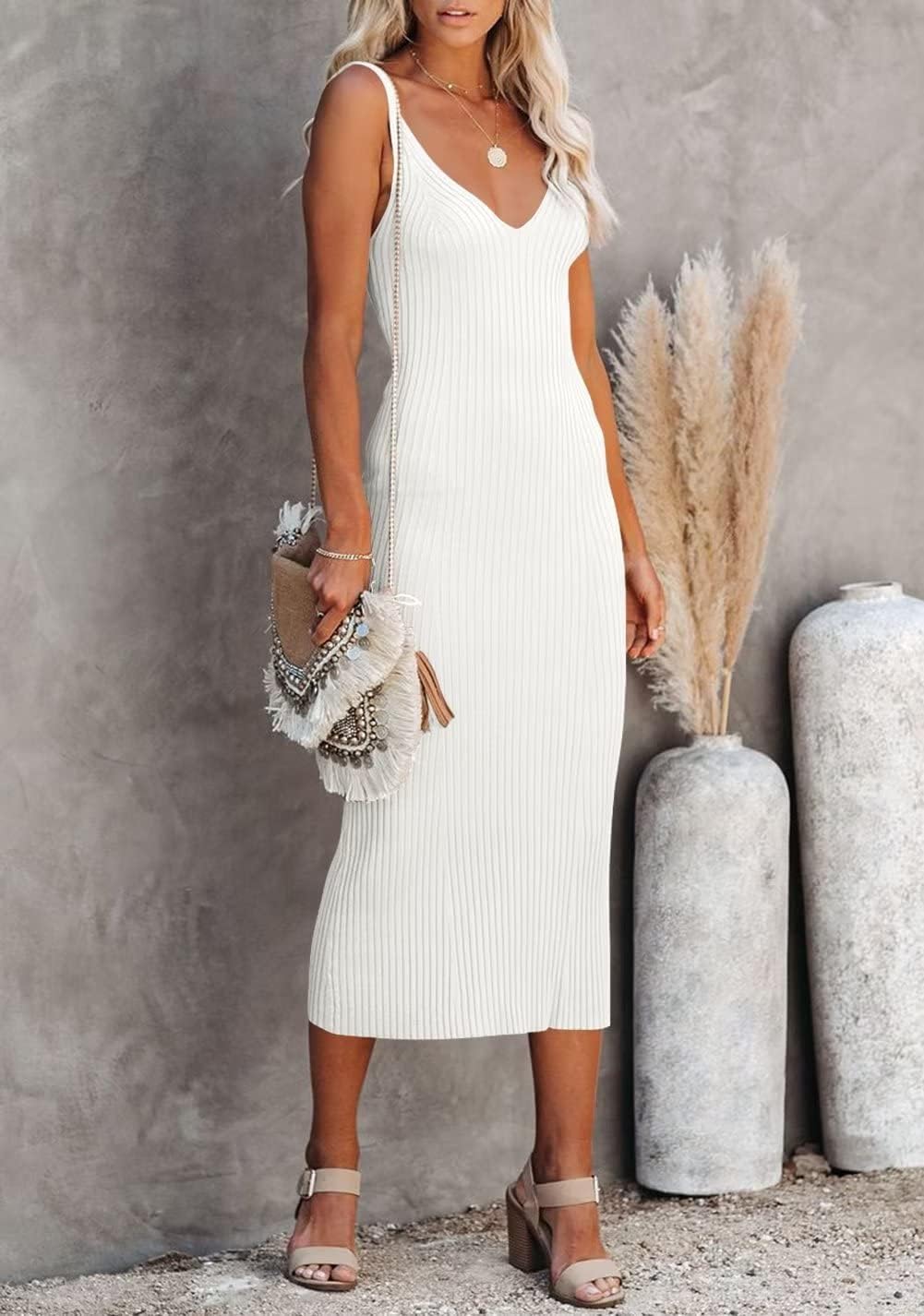 Lacozy Women's 2026 Summer Bodycon Midi Dress Sexy V-Neck Sleeveless Sweater Dress Casual Tank Top Dresses - Image 2