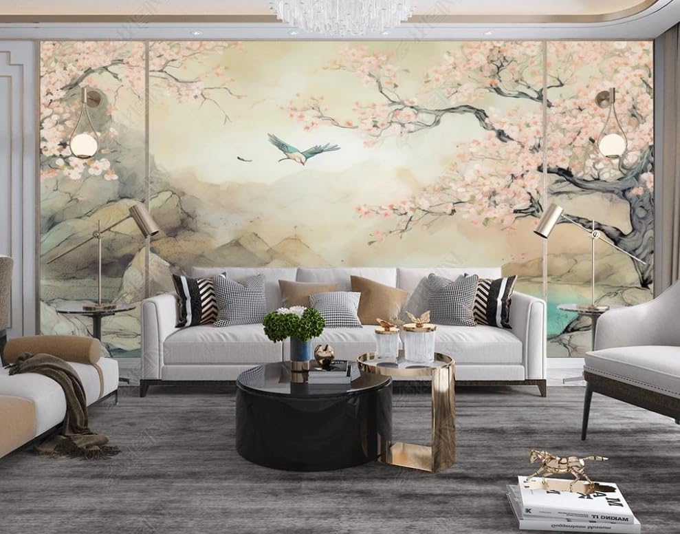 Papier peint arbre en fleurs intissé premium grand format 3D pour décoration murale