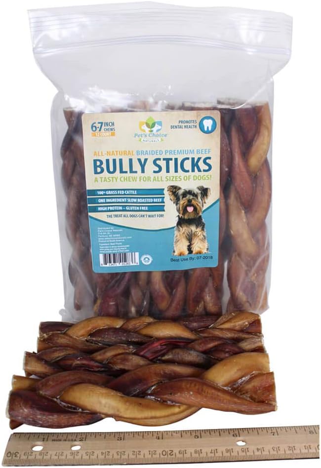 Pet’s Choice Naturals Braided Bully Sticks, Cow Pizzle Chew Treat for Dogs, 7-8" 12ct