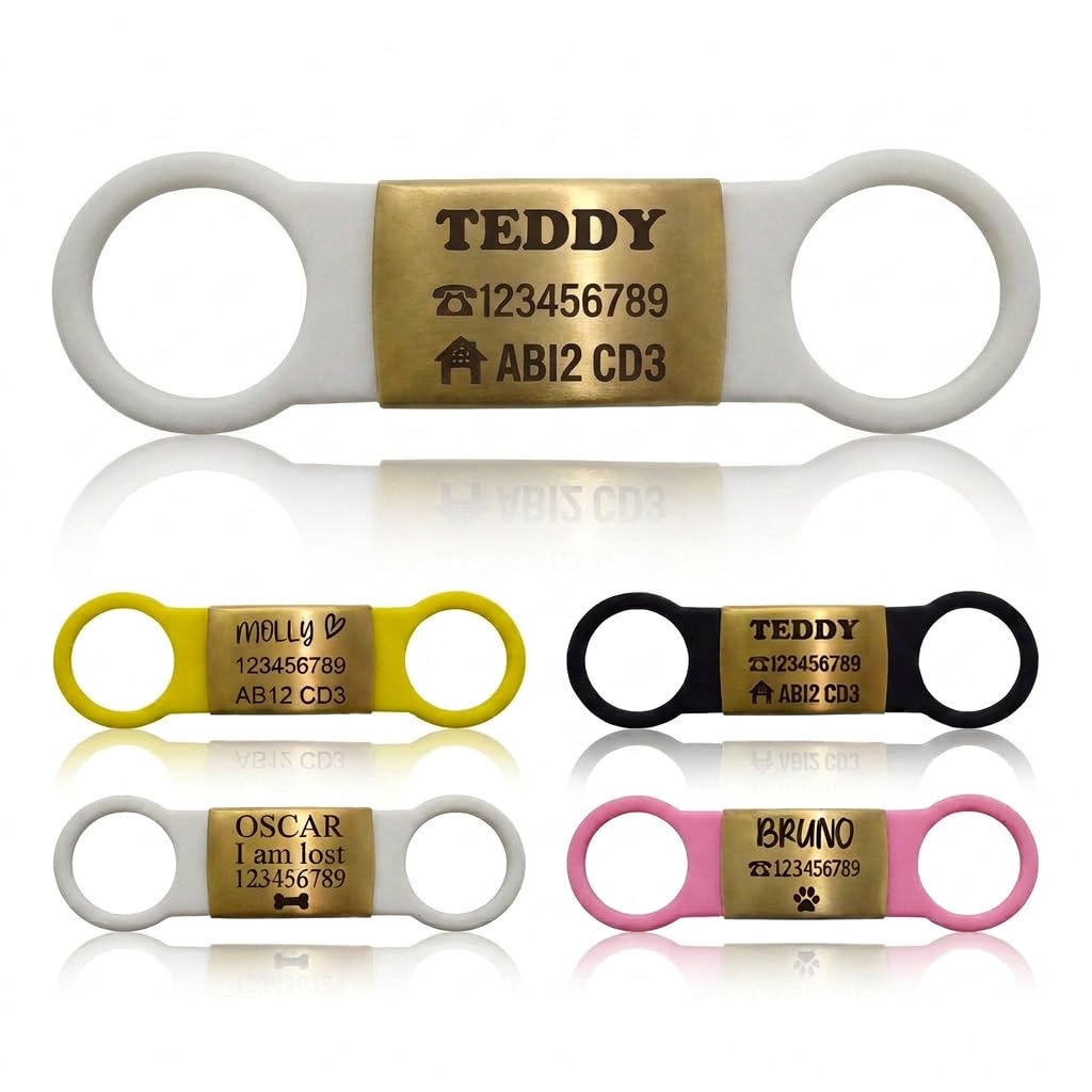 Slide On Dog ID Tag Silicone Personalised Laser Engraved Pet Name Tag (Gold White Silicon, M-(1.8cm-4cm))