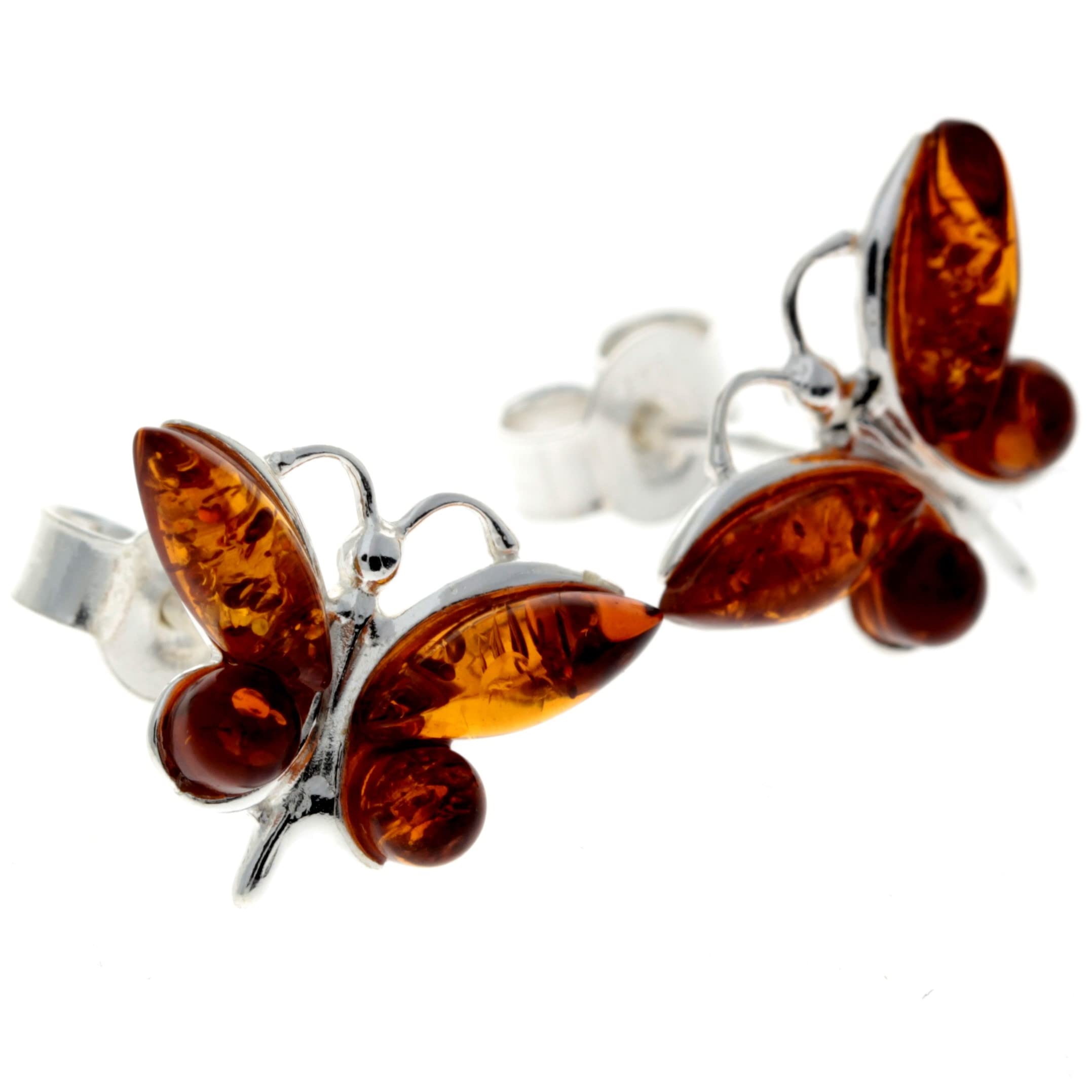Orecchini a perno in vera ambra baltica e argento Sterling 925, a forma di farfalla, 8494, 7x3, 3x3 mm, 1.5 x 1.1 cm, Argento, Ambra