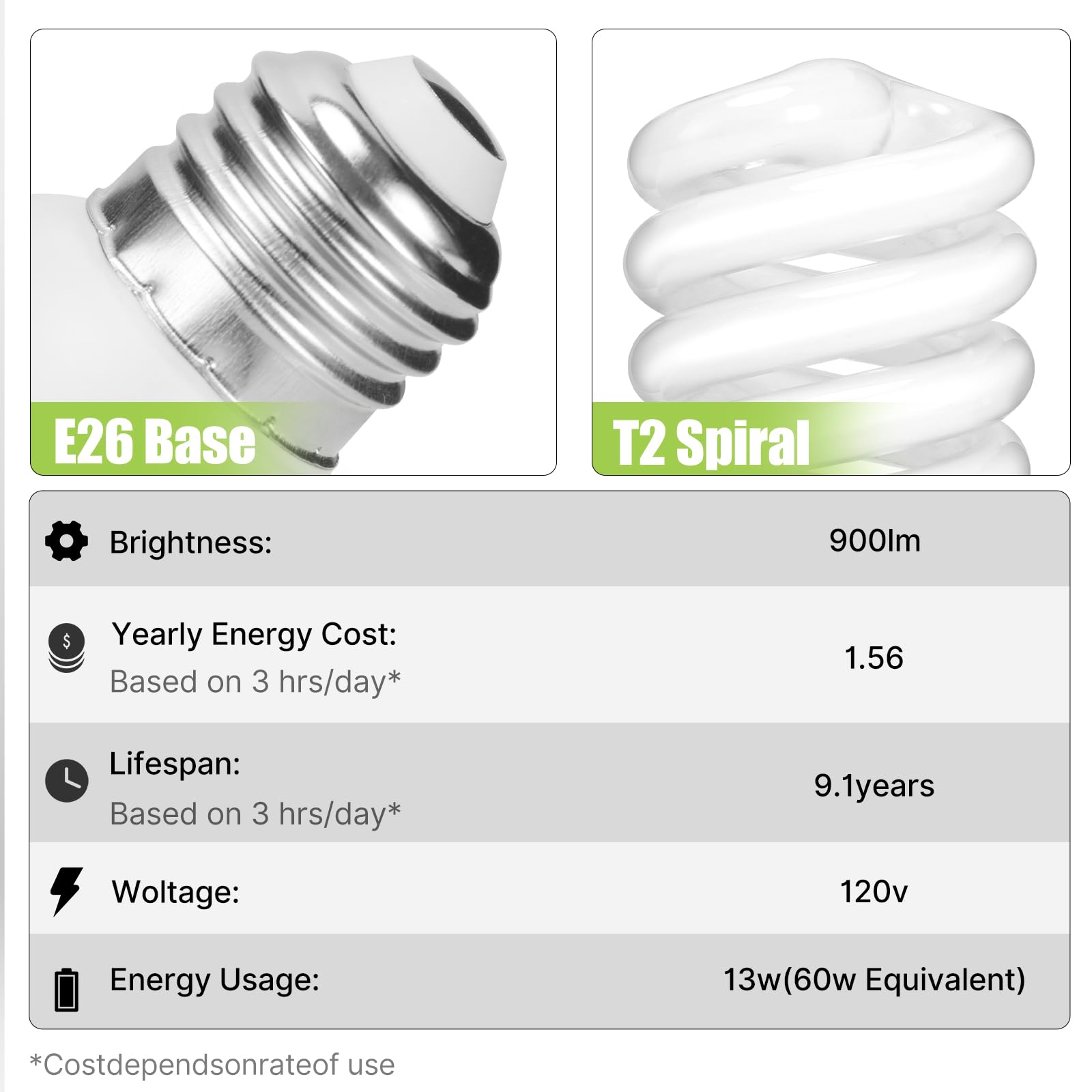 Lampadine E26 CFL da 13 Watt, T2 a spirale bianca morbida, 2700 K, 900 lm, attacco medio E26, lampadine fluorescenti compatte, approvate UL, 120 V 60 Hz, lampadine CFL autoalimentate