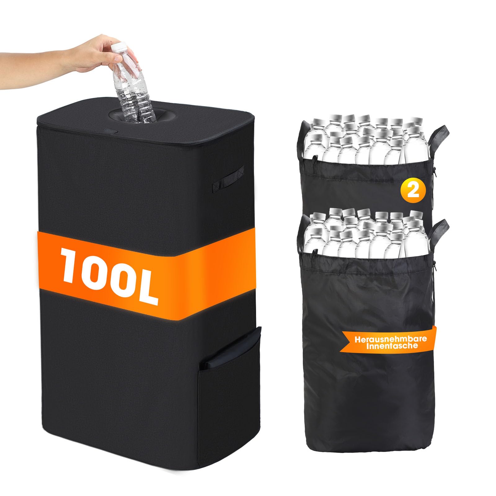 Deposit Bottles Collection Container with Lid 100 L: Large Deposit Bottles Storage with 2 Carry Bags - Container Empty & Waste Glass Storage - Bottle Collector with Hole Kitchen Storage Room Bottle