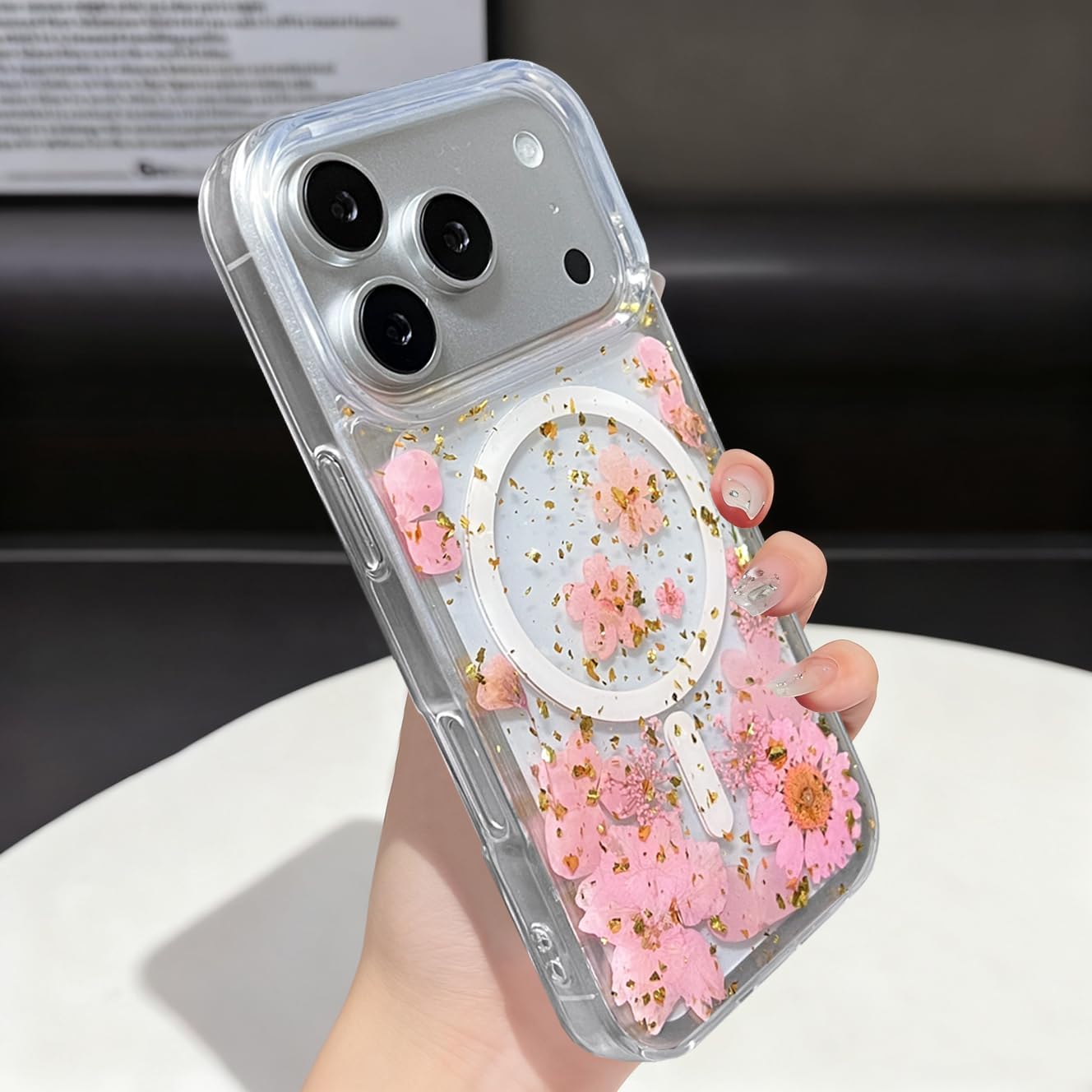 Magnetic for iPhone 17 Pro Max Case Compatible with MagSafe Clear Real Pressed Flower Design Glitter Cute Grily Women Aesthetic Stylish Shockproof Protective Phone Cover (Dried Pink Floral)