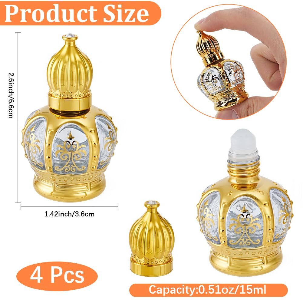CREATCABIN 4 Unidad Frascos Roll-On 15 ml Perfume Aceite Árabe Vidrio Dorado Vacío Recargable Tapas Viajes