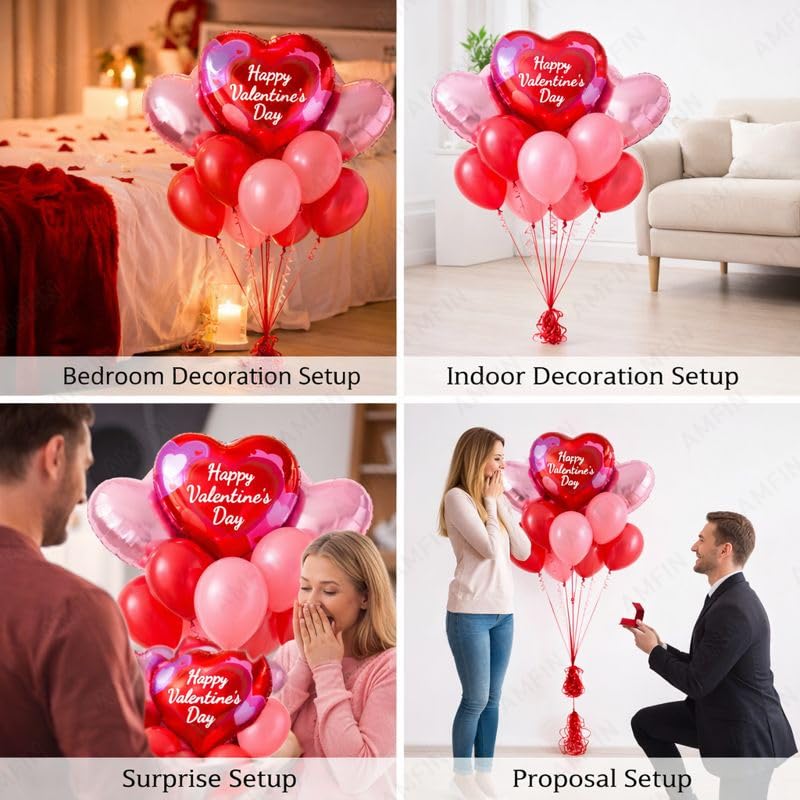 Image of AMFIN (Pack of 9) Happy Valentine's Day Balloon Decoration Set | Romantic Heart Foil Bouquet Metallic Helium Bunch Proposal Anniversary Celebration Party Decor - Red Purple