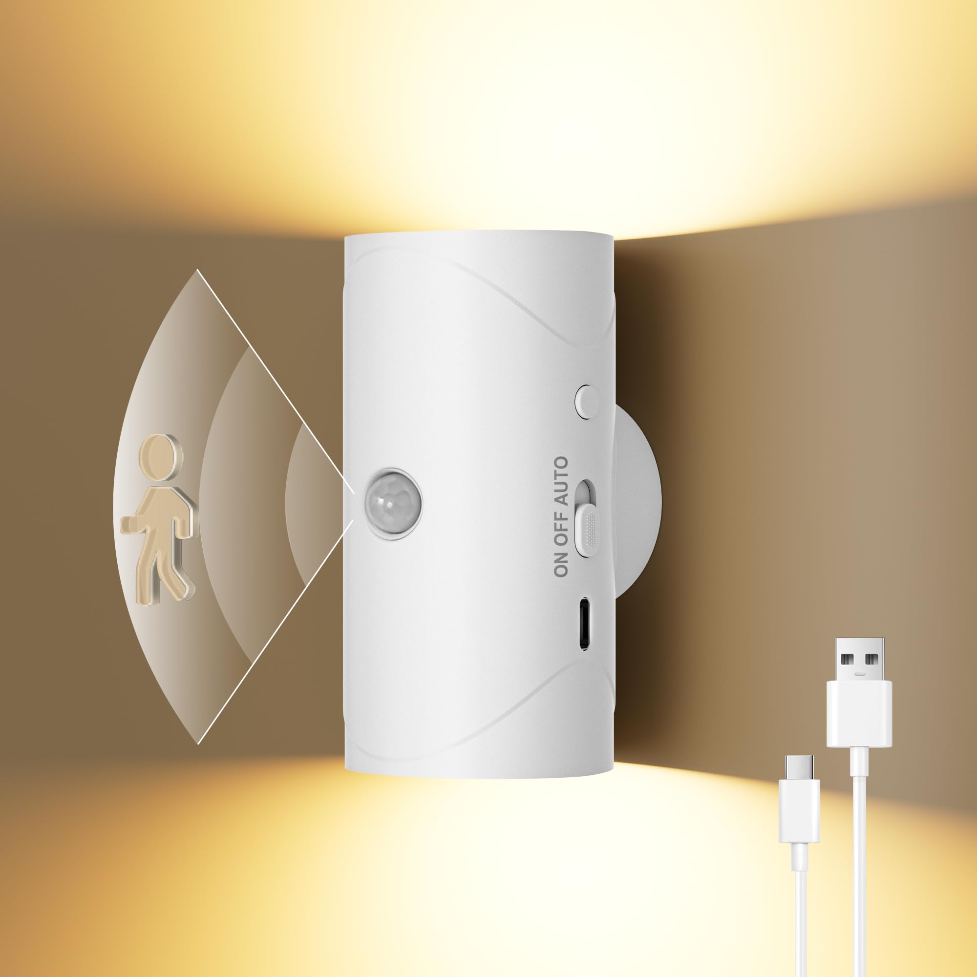 Motion Sensor Night Light White, 2600mAh Rechargeable Battery Powered Stick-On Night Lights, Magnetic Wireless Wall Lights with Dusk to Dawn Sensor, 3000K Warm White for Hallway Bedroom Stairs