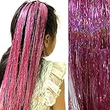 Shining Pink Fairy Hair Tinsel 47 Inch 750 Strands Tinsel Hair Extensions, Hair Glitter Extensions,...