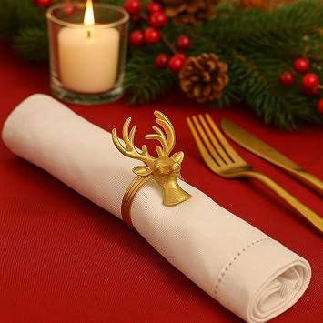 ITOS365 Set of 6 Gold Deer Head Napkin Rings Elegant Antler Design Metal Napkin Holders for Christmas, Thanksgiving, Wedding, Holiday & Dinner Table Decor