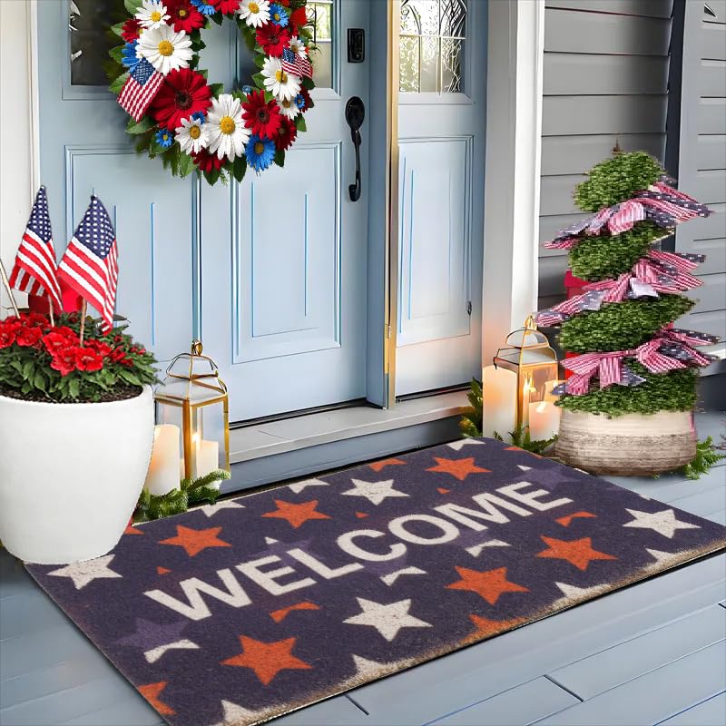 NociHah America-Memorial-Day-Door-Mat-for-Front-Entrance-4th-of-July-Red-Blue-Stars-Welcome-Mat-Non-Slip-American-Coir-Doormat for