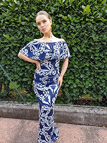 Happy Sailed Women Dark Blue Off-The-Shoulder Maxi Dress, X-Large Blue Tendril Print - Image 4