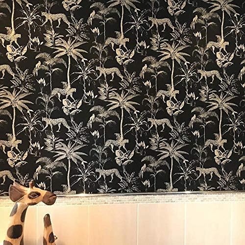 Savannah Black Gold Wallpaper Textured Shimmer Cheetah Palm Tree Jungle Tropical