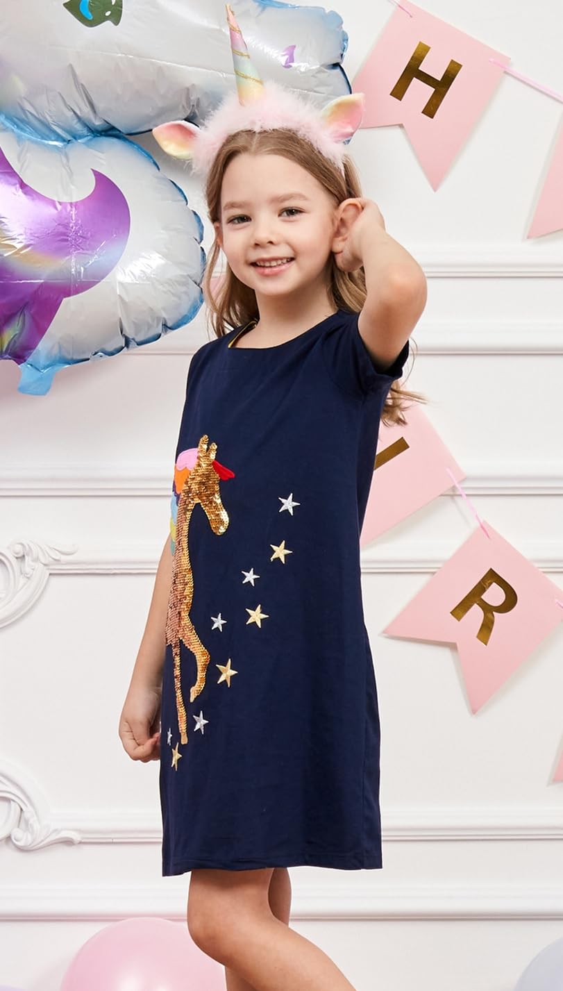 RETSUGO Vestito da bambina a trapezio carino unicorno arcobaleno modello manica corta casual bambina abiti per feste 1-8 anni