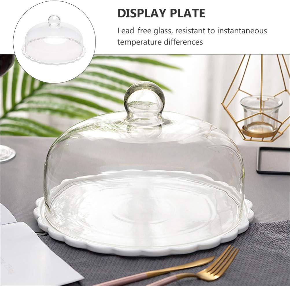 DOITOOL Ceramic Cake Plate with Glass Dome Glass Dessert Holder Clear Cupcake Stand Decorative Serving Tray Dish Rack for Fruit Dessert Cake White