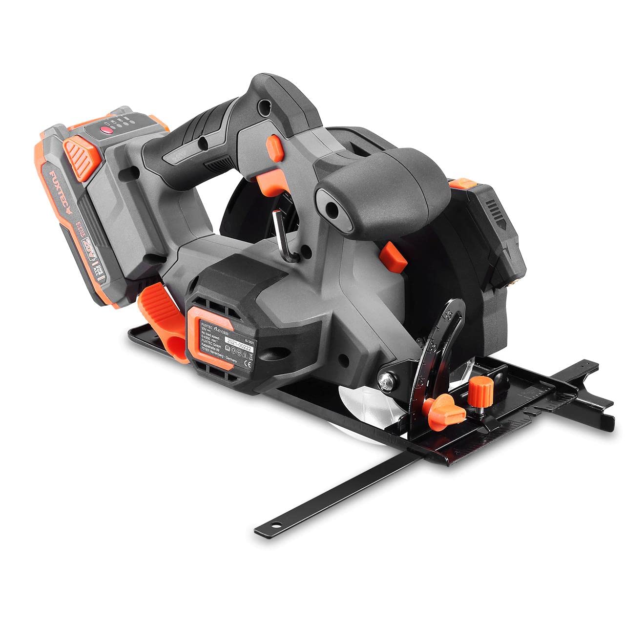 FUXTEC Akumulatorowa ręczna pilarka tarczowa 20 V FX-E1CS20-SET – brzeszczot Ø 165 mm / głębokość cięcia 38-55 mm / regulacja kąta cięcia – piła tarczowa w zestawie akumulator litowo-jonowy i ładowarka