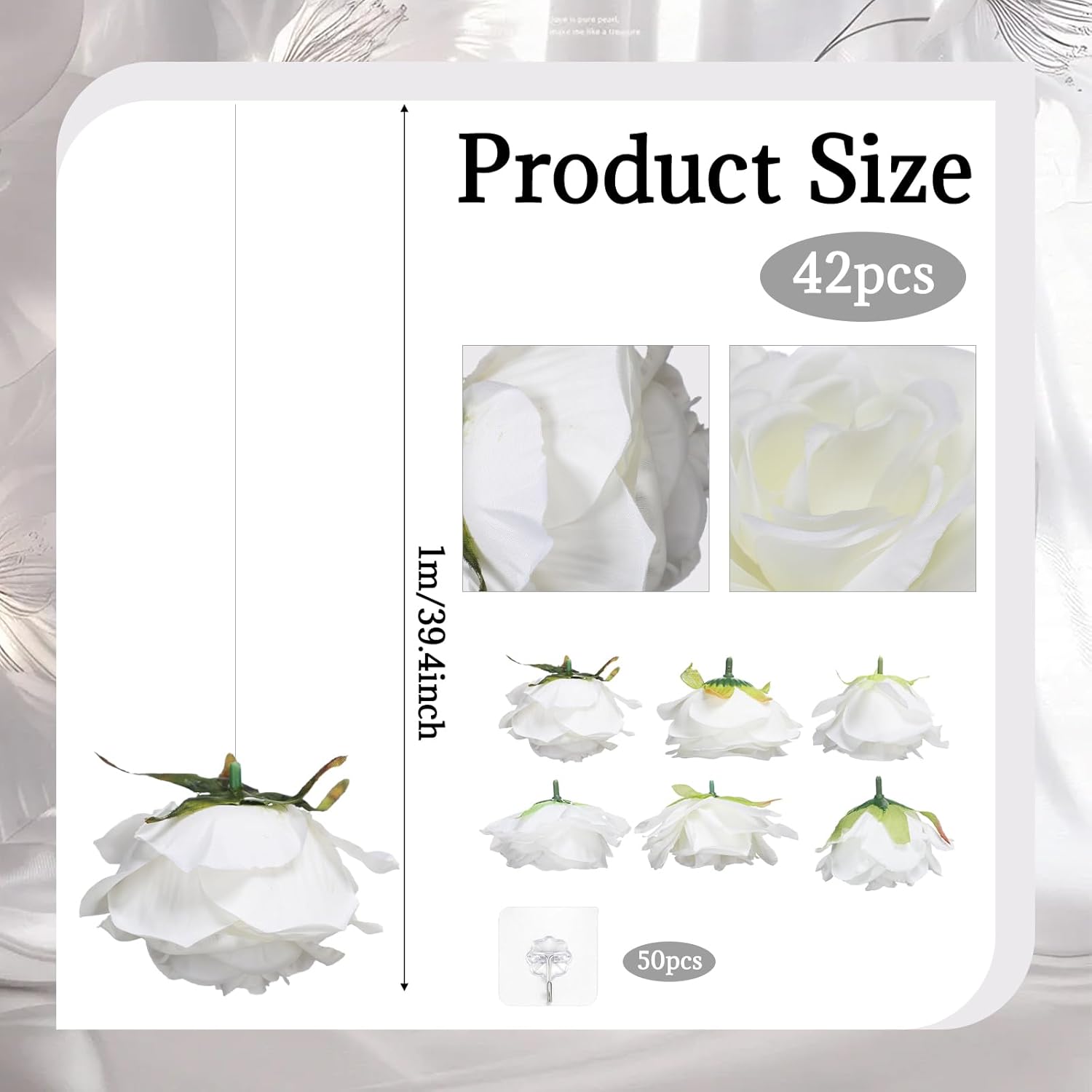 42 Pcs 3.28 ft White Rose Flower Garland Hanging Artificial Wedding Flowers Ceiling Vine Decor Fake Floating Floral Garlands with Hooks for Wall Wedding Backdrop Bachelorette Bridal Shower Party