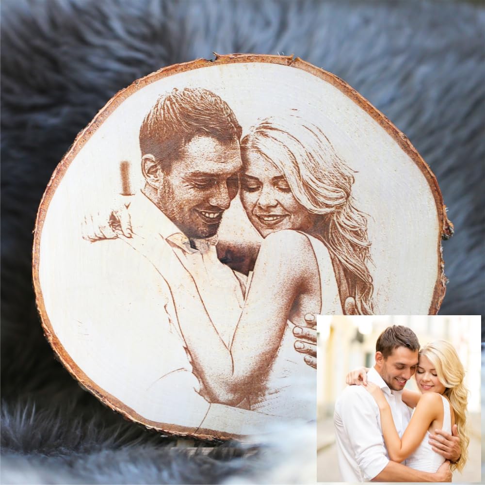 Baumscheibe mit Fotogravur persönliches Geschenk eigenes Foto auf Holz Bild Geschenk Hochzeitstag Hochzeit Geburtstag