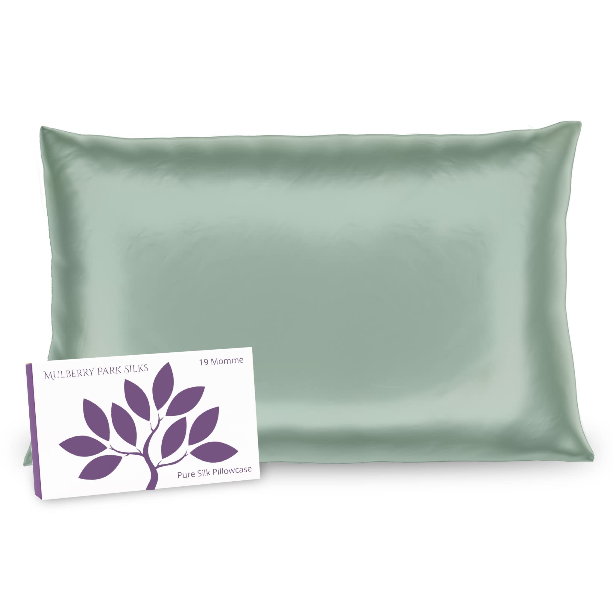 Mulberry Park 100% Silk Pillowcase - 19 Momme, Grade 6A Mulberry Silk - Deep Envelope Closure - Green/Queen (20'' x 30'')