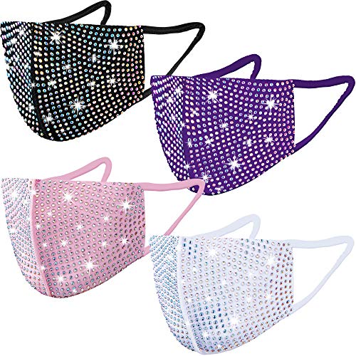 4 Pieces Rhinestone Masquerade Face Covering Colorful Crystal Masquerade Face Covering Adjustable for Women and Girls (Black, Pink, White, Purple)