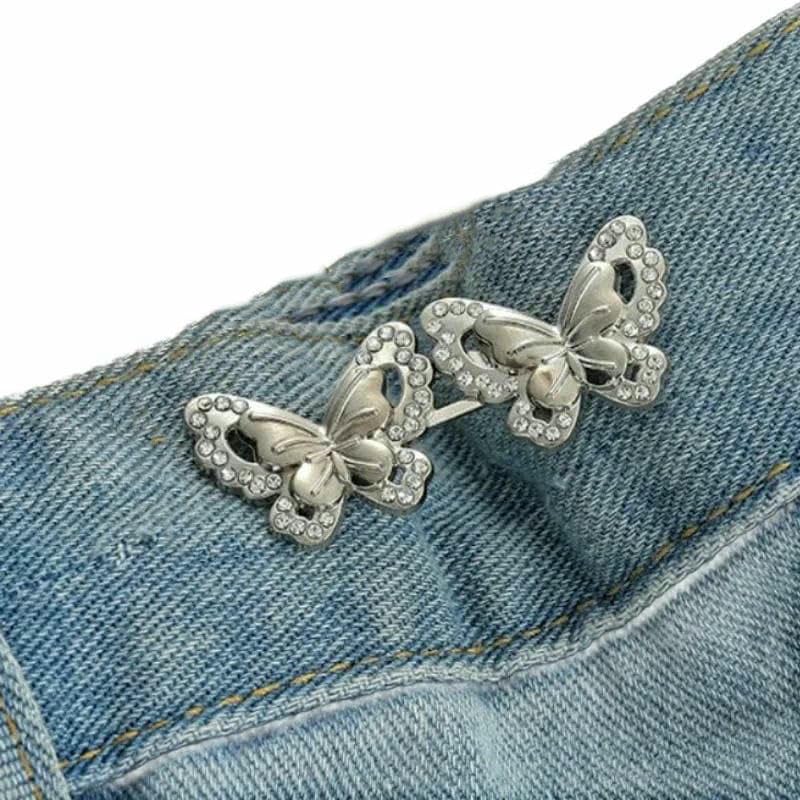 Splendido bottone regolabile con fibbia per jeans, non richiede cuciture, in metallo, per pantaloni e gonne, colore: farfalla, argento, 1 pezzo