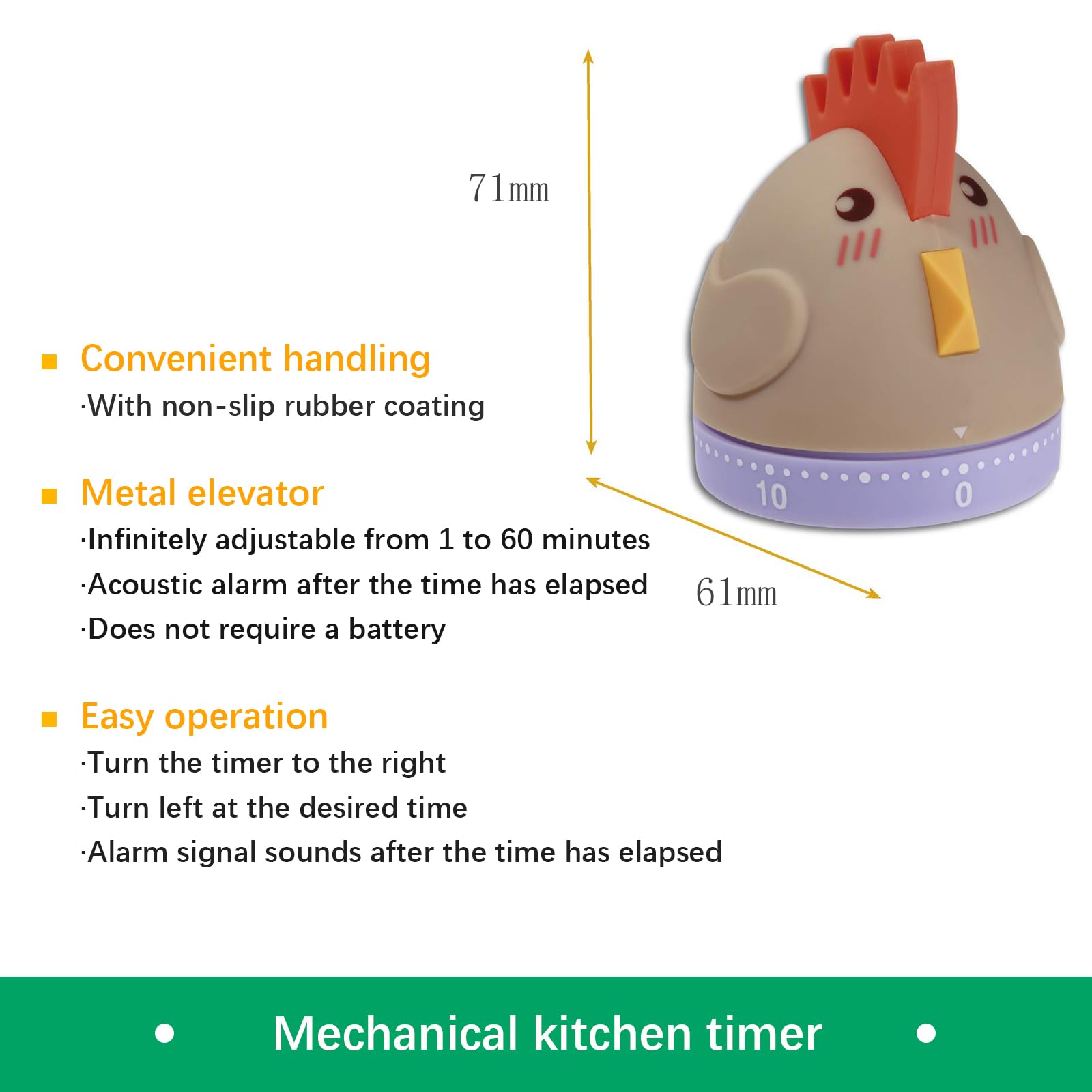 Mechanical Kitchen Timer, Cute Wind Up 60-Minute Manual Countdown for Kids, Classroom, Home, Study and Cooking