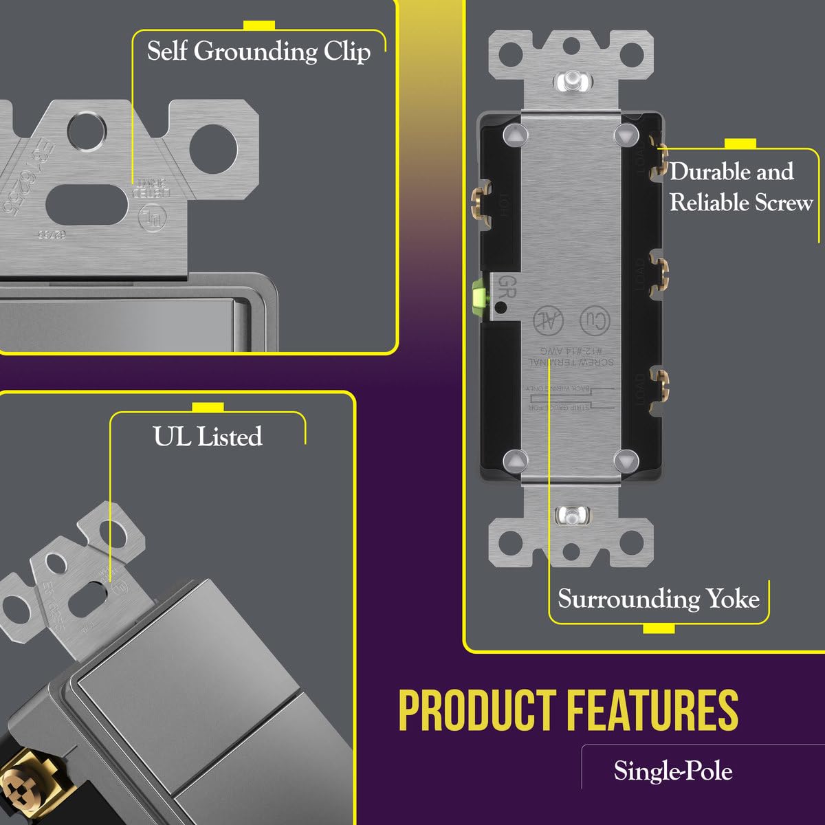ENERLITES Elite Series Triple Decorator Screwless Wall Plate, Combination Paddle Switch, Ground Terminal, Single Pole - Image 4