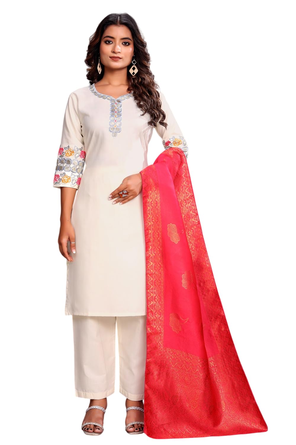 RANGRIWAAZ WOMEN Reyon Cotton Straight Stitched V Neck Embroidered Kurta Trouser Pant And Weaving Dupatta Salwar Suit Ethnic Set-image-13