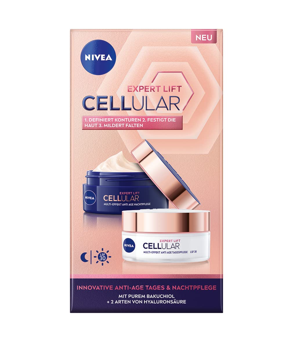 NIVEA Cellular Expert Lift Advanced Firming Day & Night Facial Cream Collection with Bakuchiol and Multi-Layer Hyaluronic Hydration for Mature Skin, Smoothing and Nourishing Anti-Age Duo, 2 × 50 ml