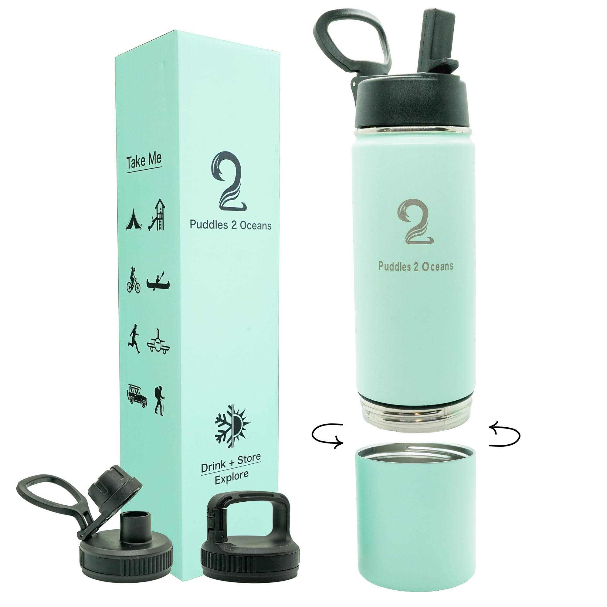 Insulated Water Bottle & Snack Container - Stainless Steel Water Bottle with Storage Compartment, 3 Lid Types BPA Free, Leak & Spill Proof Travel