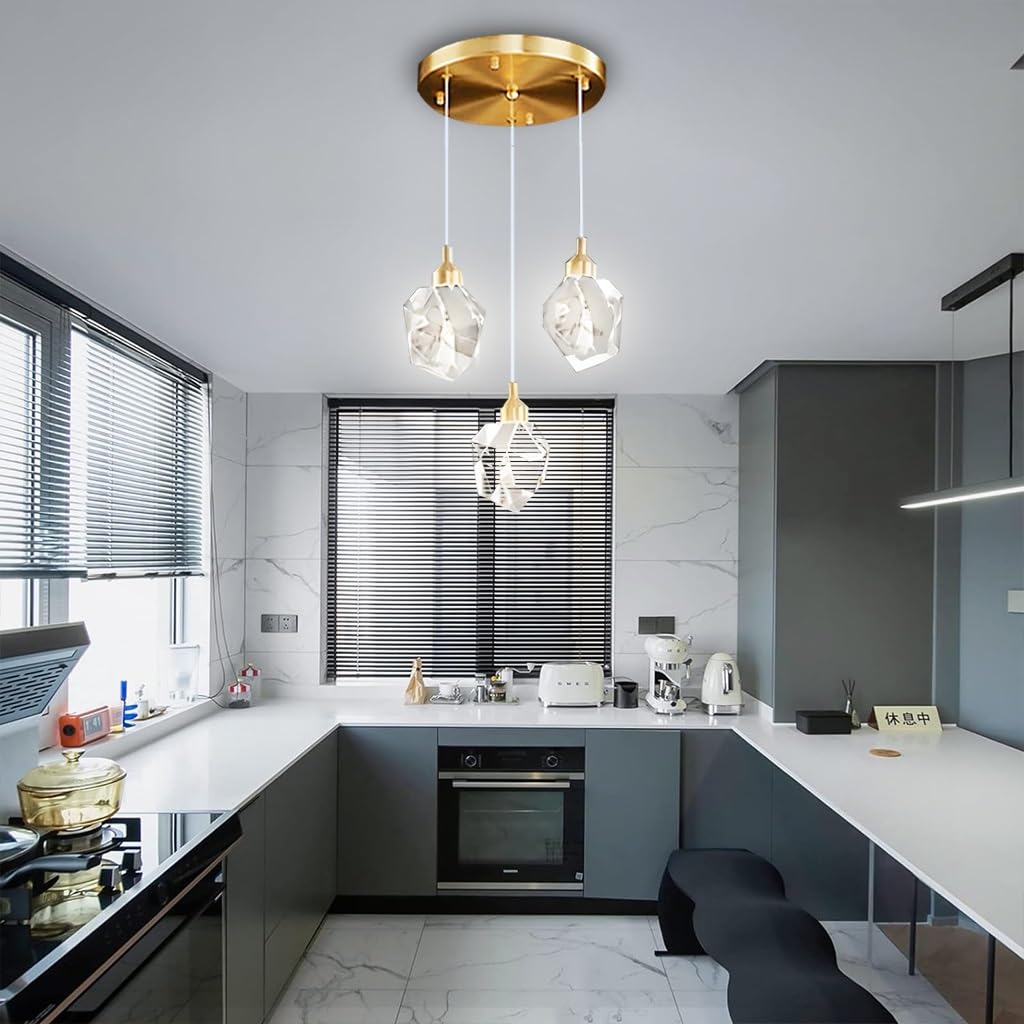 LYSDjia Chandelier Modern Crystal Pendant Lights Round gold Hanging 3-Light Ceiling Lamp with Adjustable Cord Raindrop Dimmable Chandeliers for Dining Room Kitchen Island Staircase Foyer Farmhouse