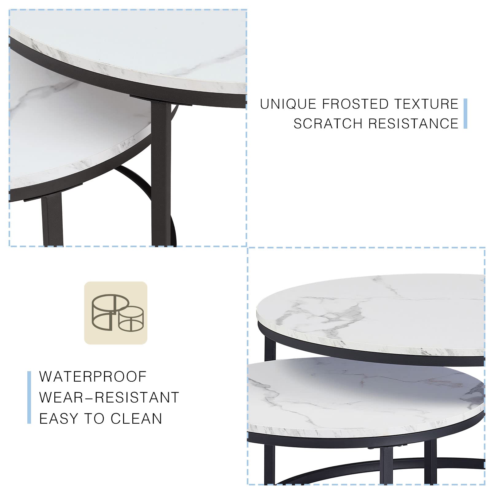 Lot de 2 Tables Basses Rondes en marbre Blanc avec Structure en métal Noir, Table d'appoint Ronde, Table de Salon Moderne, Tables de Salon pour Salon, Chambre à Coucher, Balcon