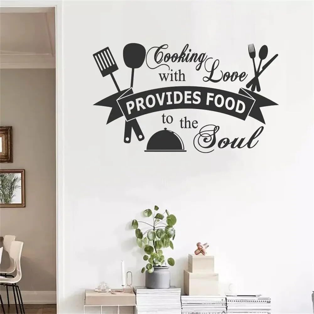 A Kitchen Quote Wall Sticker Cooking with Love Provides Food to The Soul Restaurant Home Kitchen Removable Decals Art 57x36cm